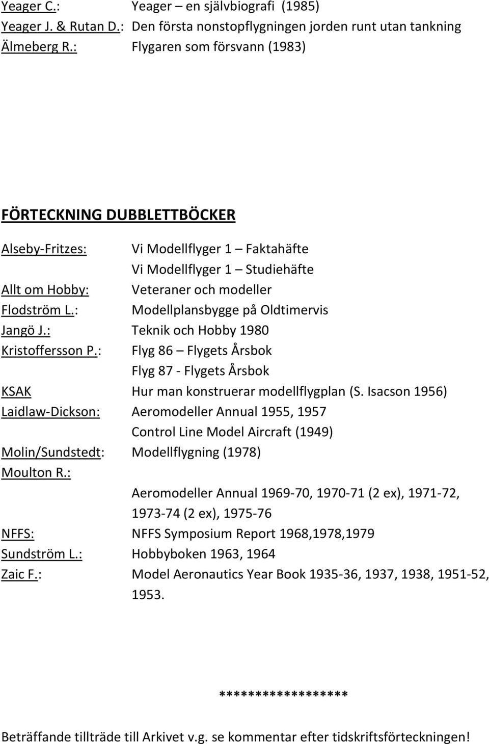 : Modellplansbygge på Oldtimervis Jangö J.: Teknik och Hobby 1980 Kristoffersson P.: Flyg 86 Flygets Årsbok Flyg 87 - Flygets Årsbok KSAK Hur man konstruerar modellflygplan (S.