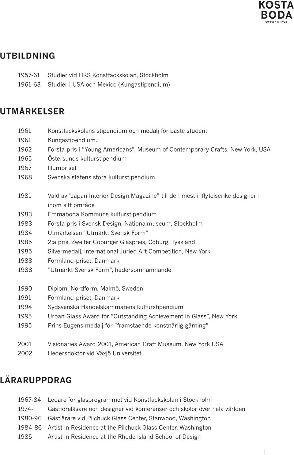 1962 Första pris i Young Americans, Museum of Contemporary Crafts, New York, USA 1965 Östersunds kulturstipendium 1967 Illumpriset 1968 Svenska statens stora kulturstipendium 1981 Vald av Japan