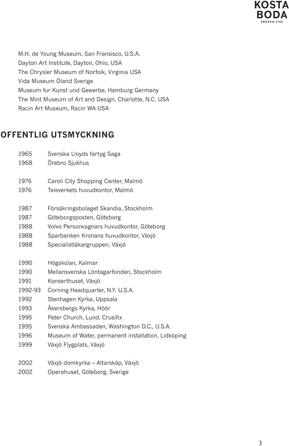 Charlotte, N.C. USA Racin Art Museum, Racin WA USA OFFENTLIG UTSMYCKNING 1965 Svenska Lloyds fartyg Saga 1968 Örebro Sjukhus 1976 Caroli City Shopping Center, Malmö 1976 Televerkets huvudkontor,