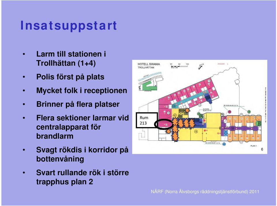 sektioner larmar vid centralapparat för brandlarm Rum 213 Svagt