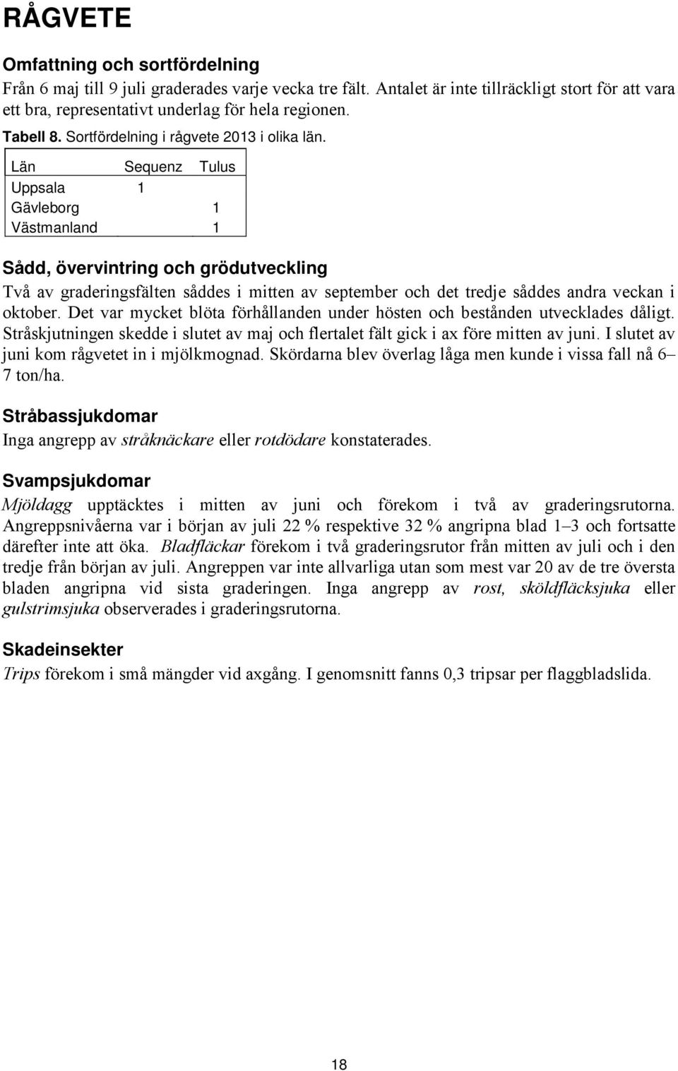 Län Sequenz Tulus Uppsala 1 Gävleborg 1 Västmanland 1 Sådd, övervintring och grödutveckling Två av graderingsfälten såddes i mitten av september och det tredje såddes andra veckan i oktober.