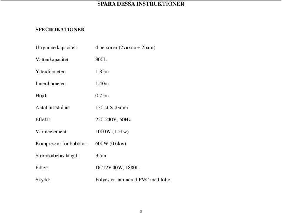 75m Antal luftstrålar: Effekt: Värmeelement: Kompressor för bubblor: 130 st X ø3mm 220-240V,