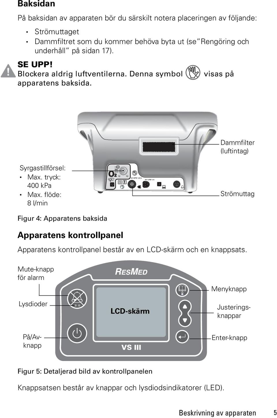 flöde: 8 l/min Strömuttag Figur 4: Apparatens baksida Apparatens kontrollpanel Apparatens kontrollpanel består av en LCD-skärm och en knappsats.