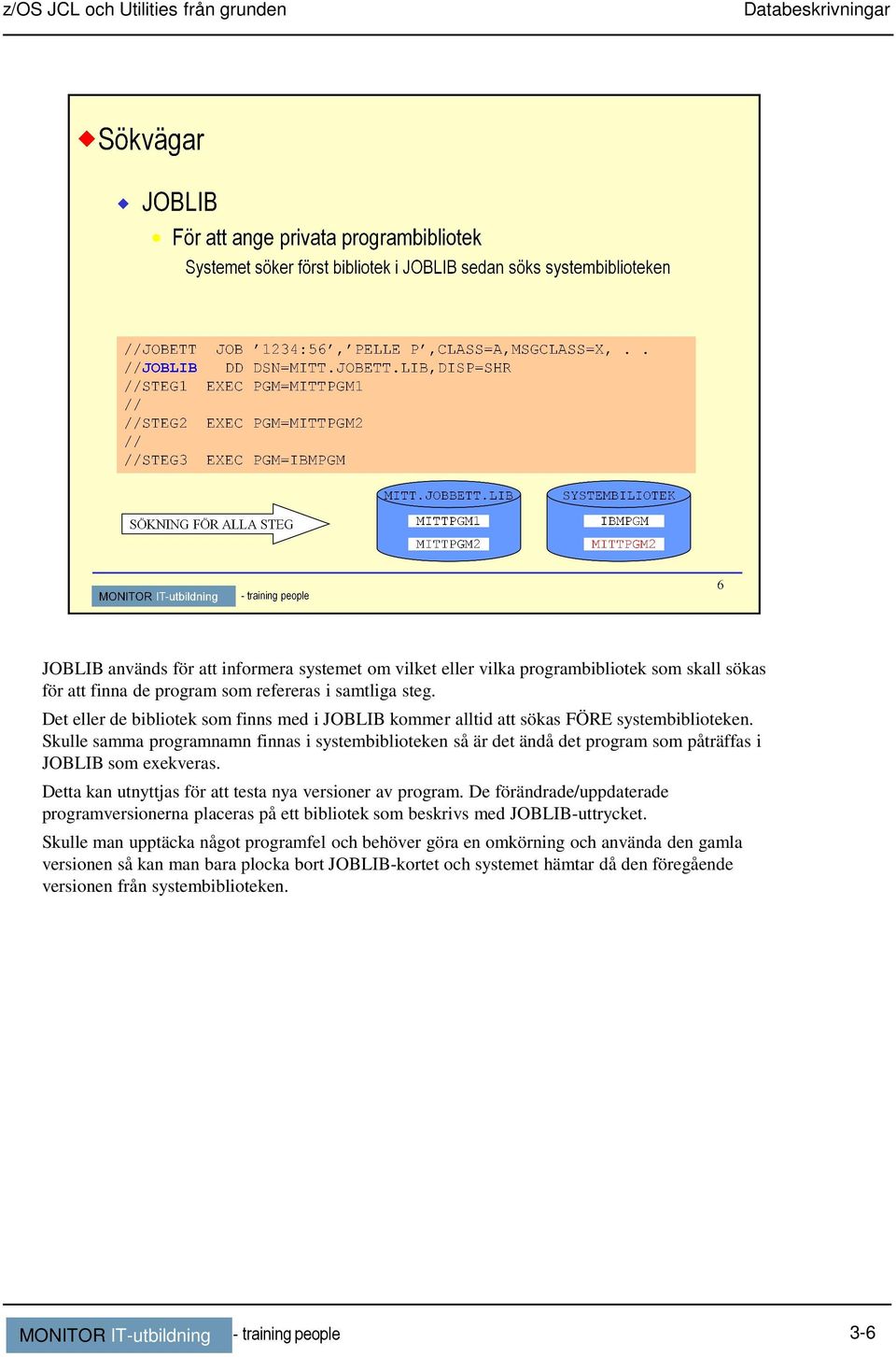 Skulle samma programnamn finnas i systembiblioteken så är det ändå det program som påträffas i JOBLIB som exekveras. Detta kan utnyttjas för att testa nya versioner av program.