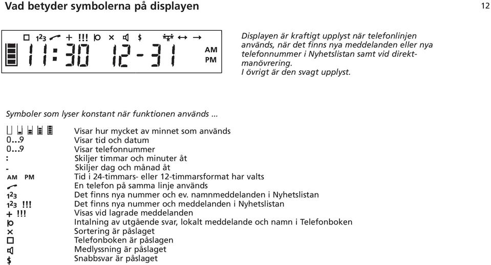 ..9 : - + Visar hur mycket av minnet som används Visar tid och datum Visar telefonnummer Skiljer timmar och minuter åt Skiljer dag och månad åt Tid i 24-timmars- eller 12-timmarsformat har valts En