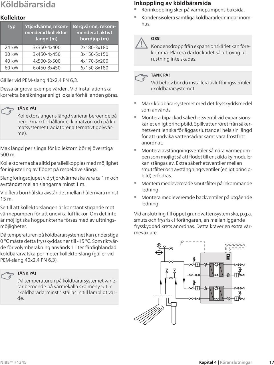 Kollektorslangens längd varierar beroende på berg-/markförhållande, klimatzon och på klimatsystemet (radiatorer alternativt golvvärme). Max längd per slinga för kollektorn bör ej överstiga 500 m.