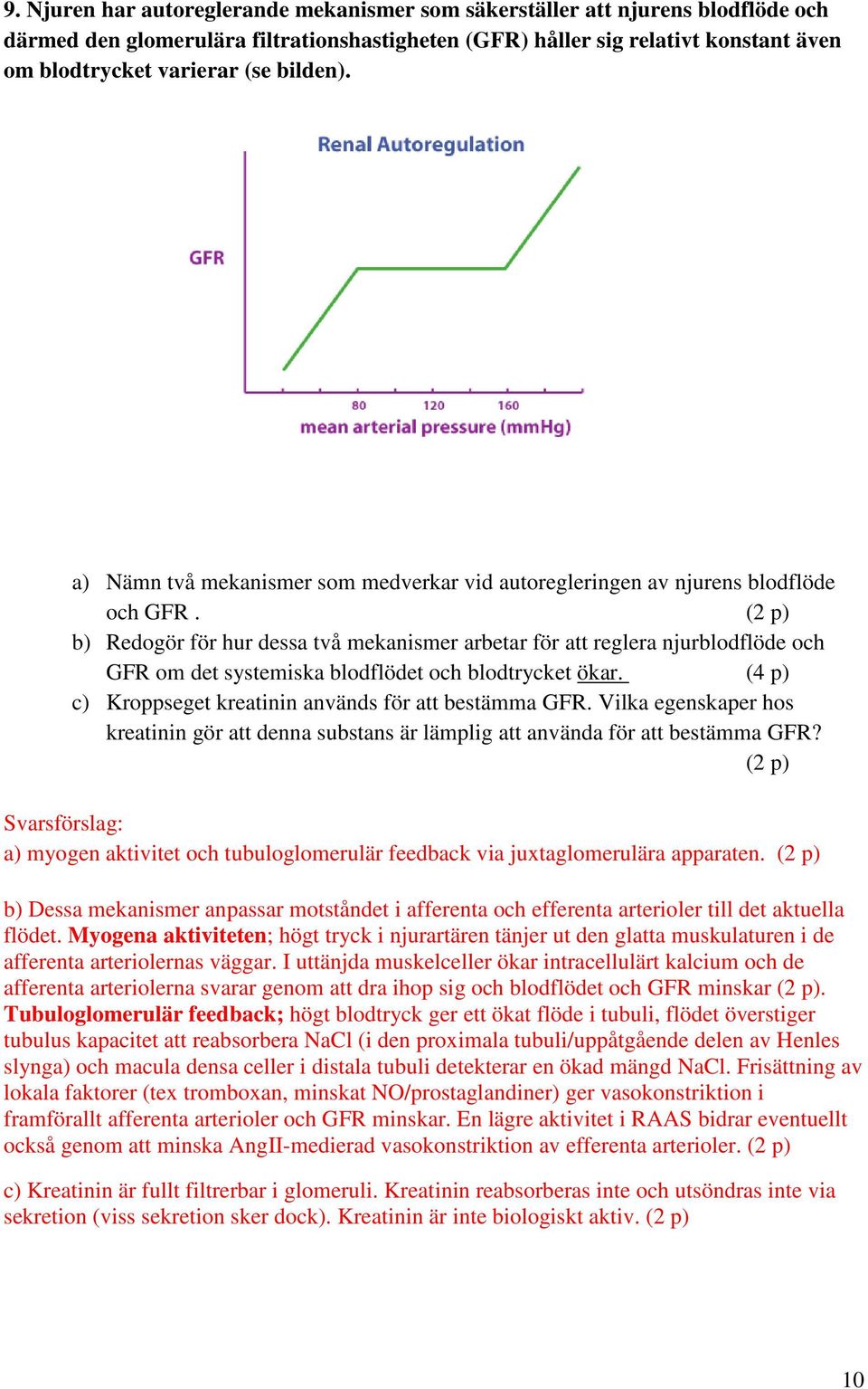 (2 p) b) Redogör för hur dessa två mekanismer arbetar för att reglera njurblodflöde och GFR om det systemiska blodflödet och blodtrycket ökar.