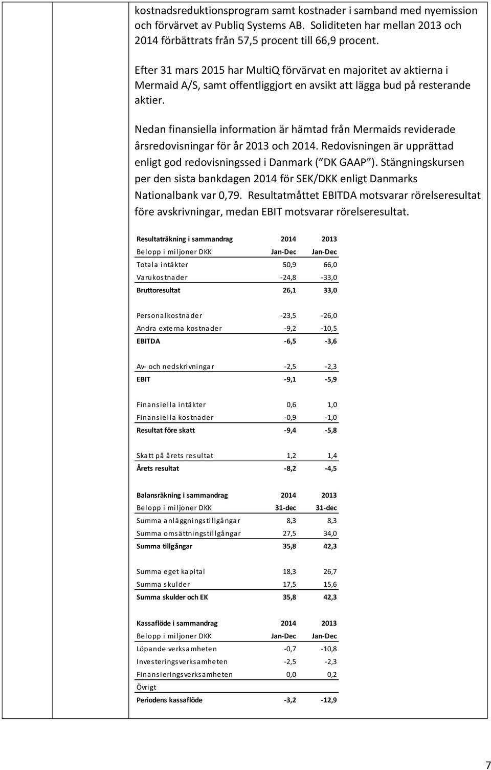 Nedan finansiella information är hämtad från Mermaids reviderade årsredovisningar för år 2013 och 2014. Redovisningen är upprättad enligt god redovisningssed i Danmark ( DK GAAP ).