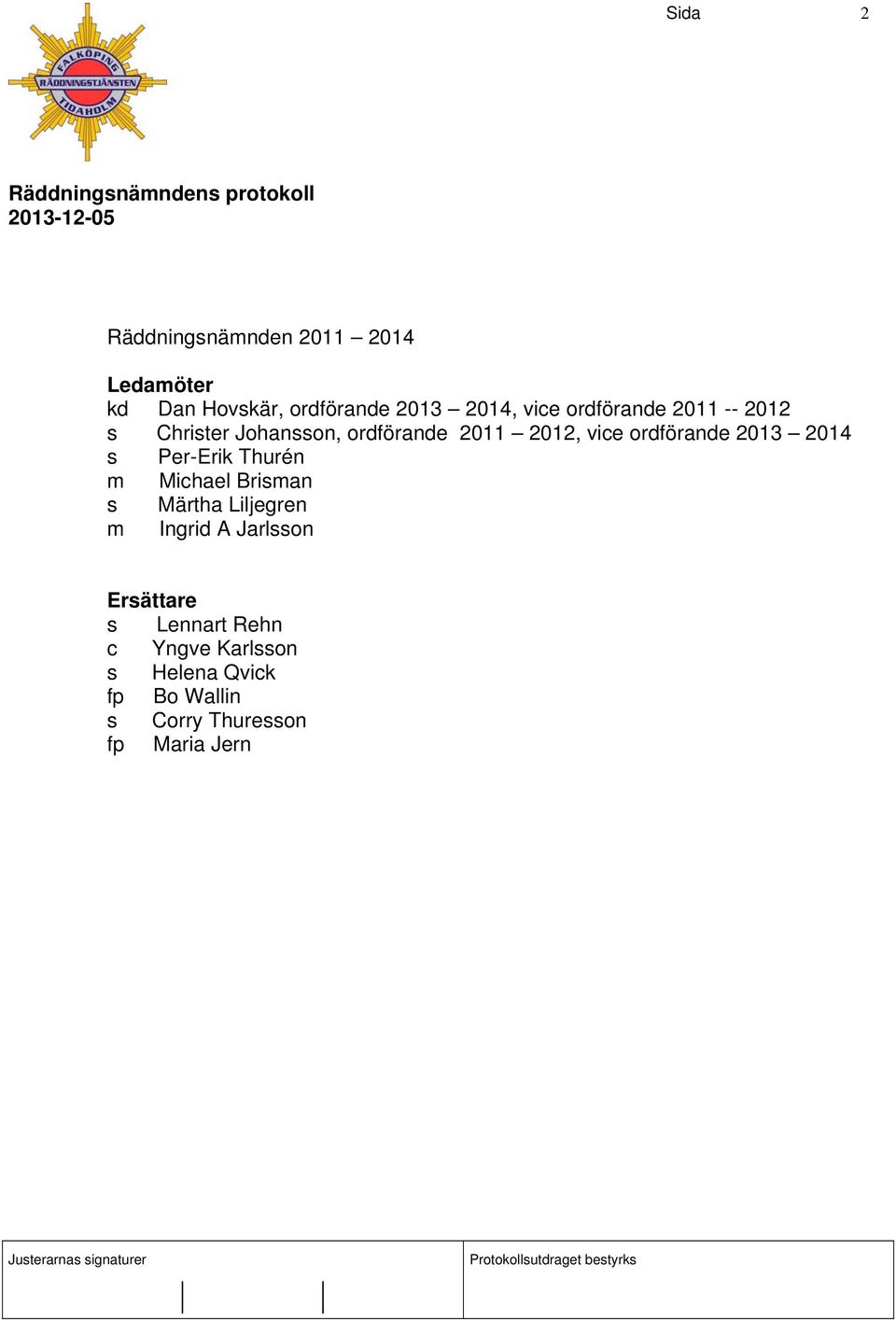 2014 s Per-Erik Thurén m Michael Brisman s Märtha Liljegren m Ingrid A Jarlsson Ersättare