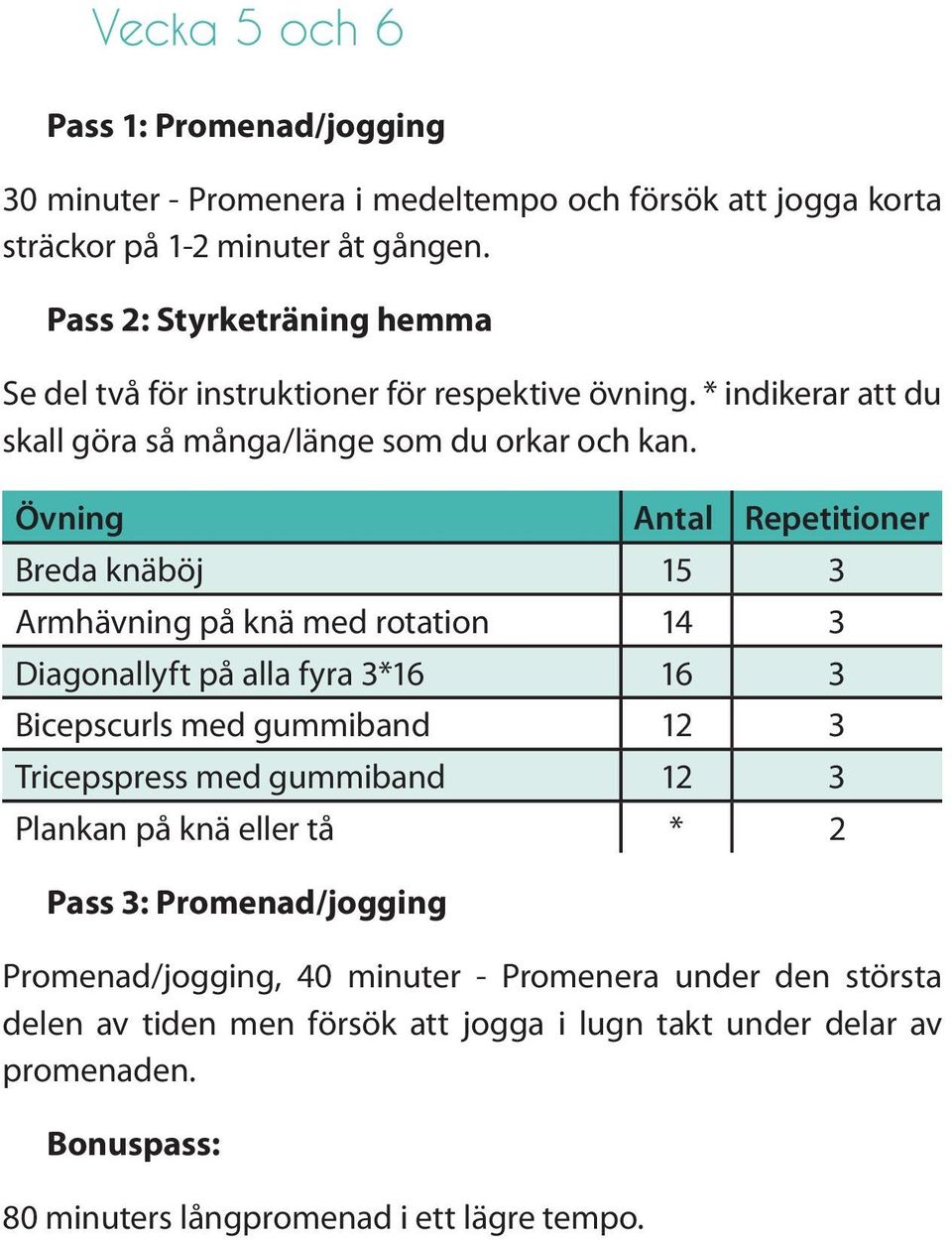 Övning Antal Repetitioner Breda knäböj 15 3 Armhävning på knä med rotation 14 3 Diagonallyft på alla fyra 3*16 16 3 Bicepscurls med gummiband 12 3 Tricepspress med gummiband