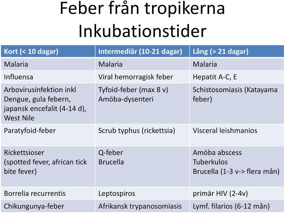 (Katayama feber) Paratyfoid-feber Scrub typhus (rickettsia) Visceral leishmanios Rickettsioser (spotted fever, african tick bite fever) Q-feber Brucella Amöba