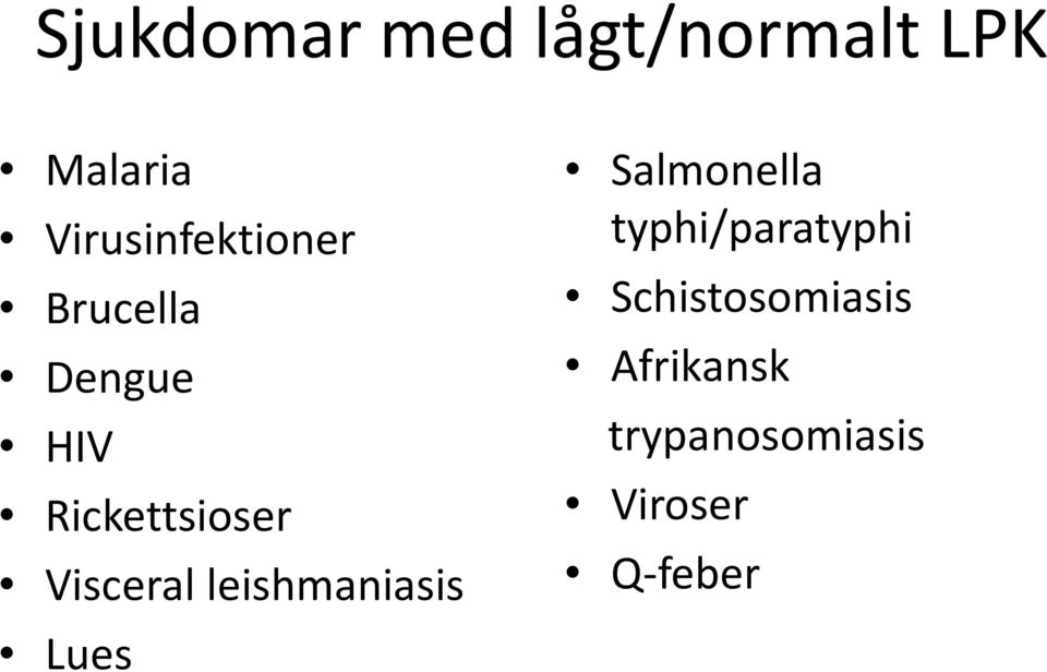 Visceral leishmaniasis Lues Salmonella