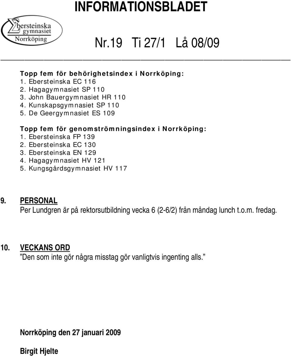 Ebersteinska EC 130 3. Ebersteinska EN 129 4. Hagagymnasiet HV 121 5. Kungsgårdsgymnasiet HV 117 9.