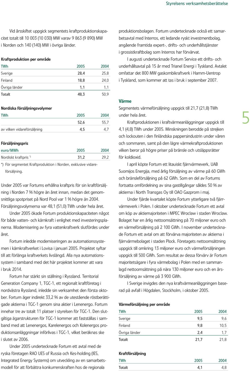 4,5 4,7 Försäljningspris euro/mwh 2005 2004 Nordiskt kraftpris *) 31,2 29,2 *) För segmentet Kraftproduktion i Norden, exklusive vidareförsäljning.