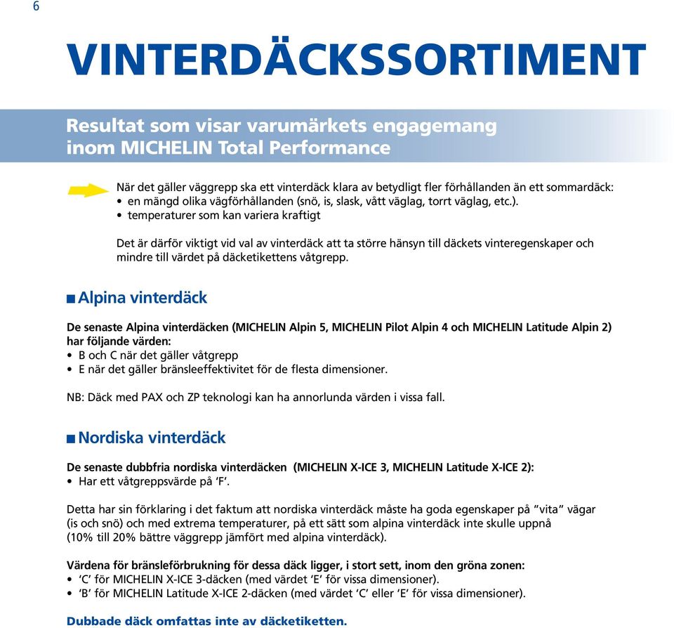 temperaturer som kan variera kraftigt Det är därför viktigt vid val av vinterdäck att ta större hänsyn till däckets vinteregenskaper och mindre till värdet på däcketikettens våtgrepp.