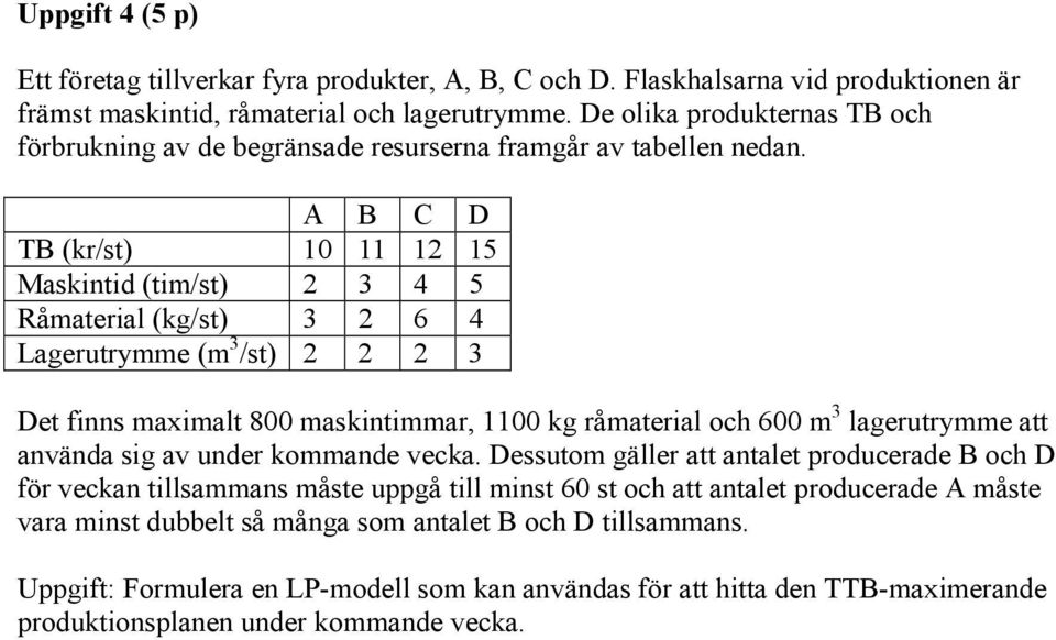 A B C D TB (kr/st) 10 11 12 15 Maskintid (tim/st) 2 3 4 5 Råmaterial (kg/st) 3 2 6 4 Lagerutrymme (m 3 /st) 2 2 2 3 Det finns maximalt 800 maskintimmar, 1100 kg råmaterial och 600 m 3 lagerutrymme