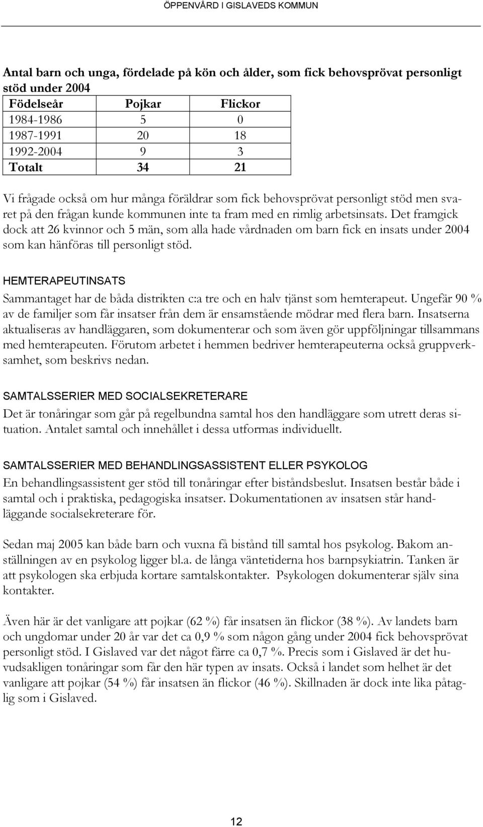 Det framgick dock att 26 kvinnor och 5 män, som alla hade vårdnaden om barn fick en insats under 2004 som kan hänföras till personligt stöd.