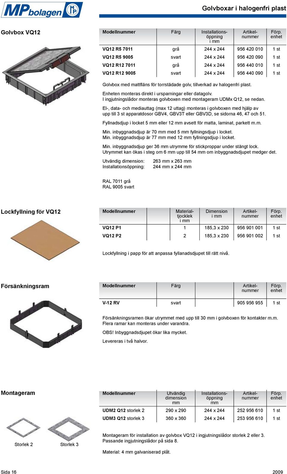 I ingjutningslådor monteras golvboxen med montageram UDMx Q12, se nedan.