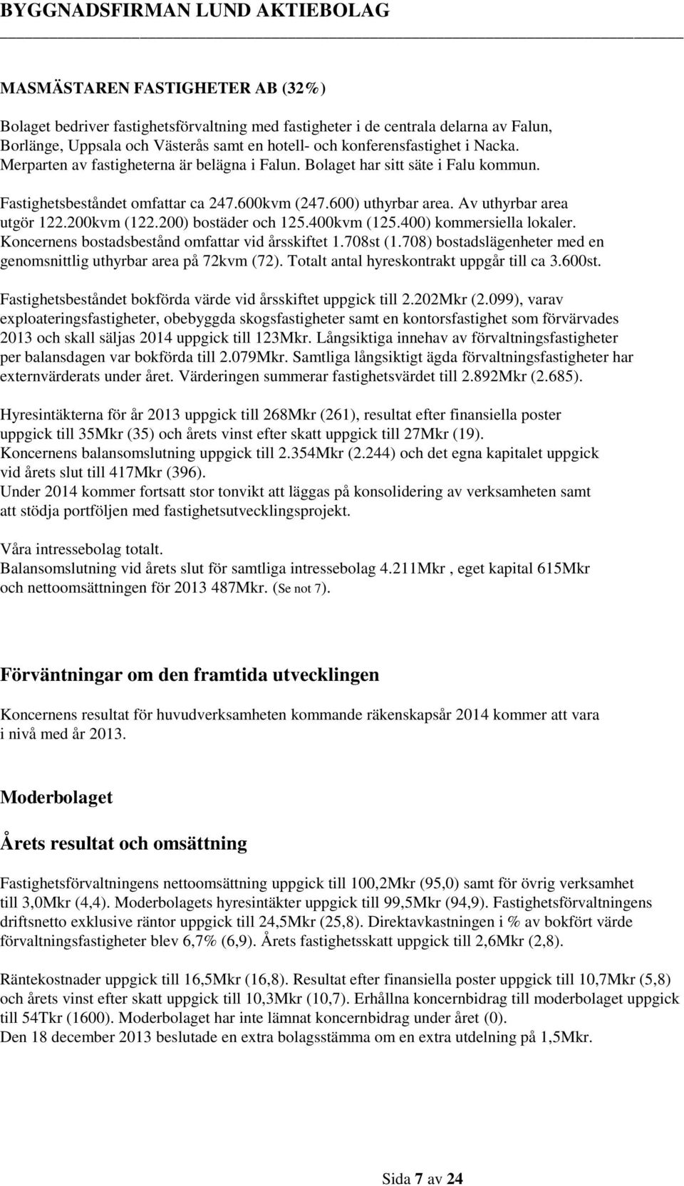 200) bostäder och 125.400kvm (125.400) kommersiella lokaler. Koncernens bostadsbestånd omfattar vid årsskiftet 1.708st (1.708) bostadslägenheter med en genomsnittlig uthyrbar area på 72kvm (72).