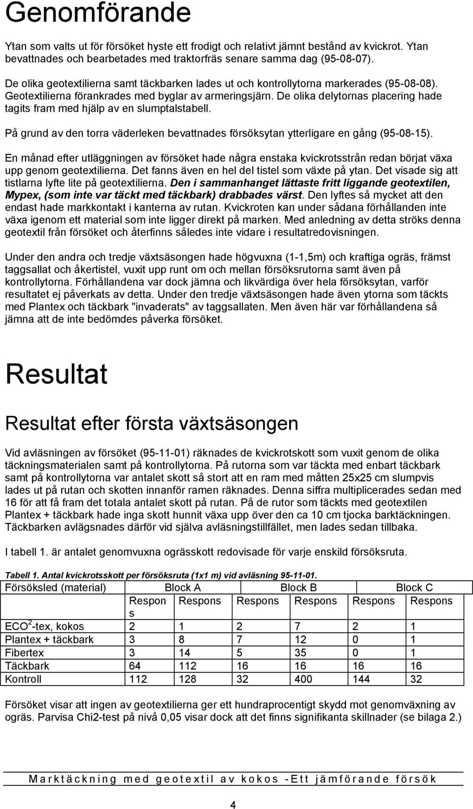 De olika delytornas placering hade tagits fram med hjälp av en slumptalstabell. På grund av den torra väderleken bevattnades försöksytan ytterligare en gång (95-08-15).