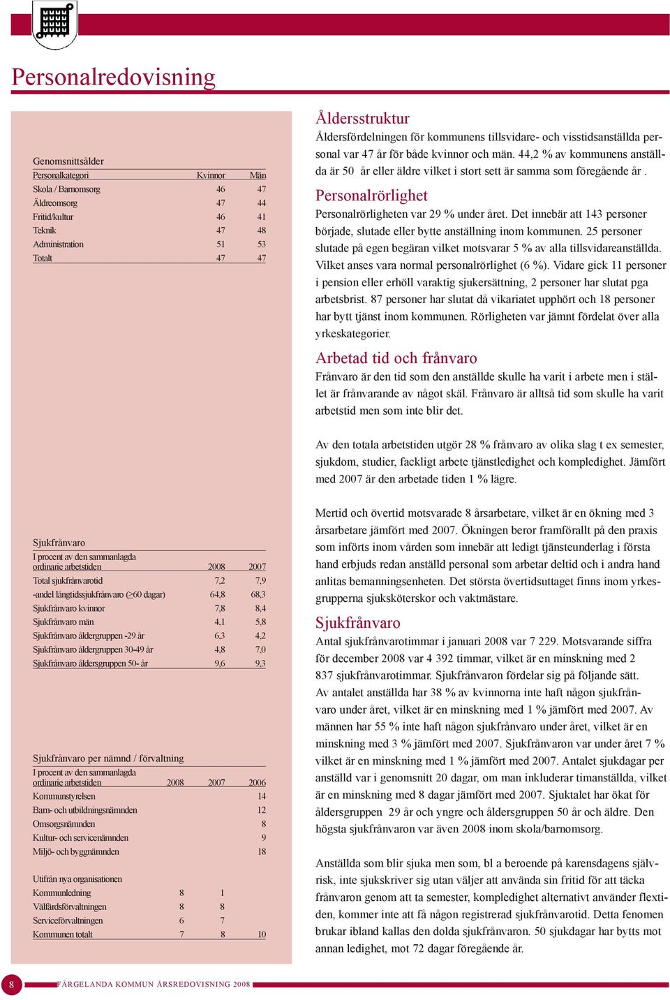 44,2 % av kommunens anställda är 50 år eller äldre vilket i stort sett är samma som föregående år. Personalrörlighet Personalrörligheten var 29 % under året.