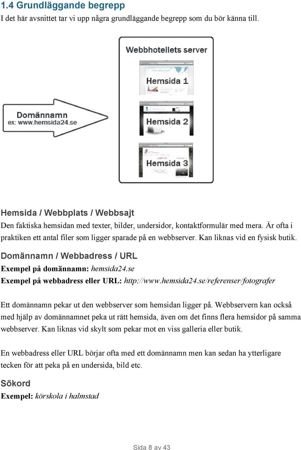 Kan liknas vid en fysisk butik. Domännamn / Webbadress / URL Exempel på domännamn: hemsida24.se Exempel på webbadress eller URL: http://www.hemsida24.se/referenser/fotografer Ett domännamn pekar ut den webbserver som hemsidan ligger på.