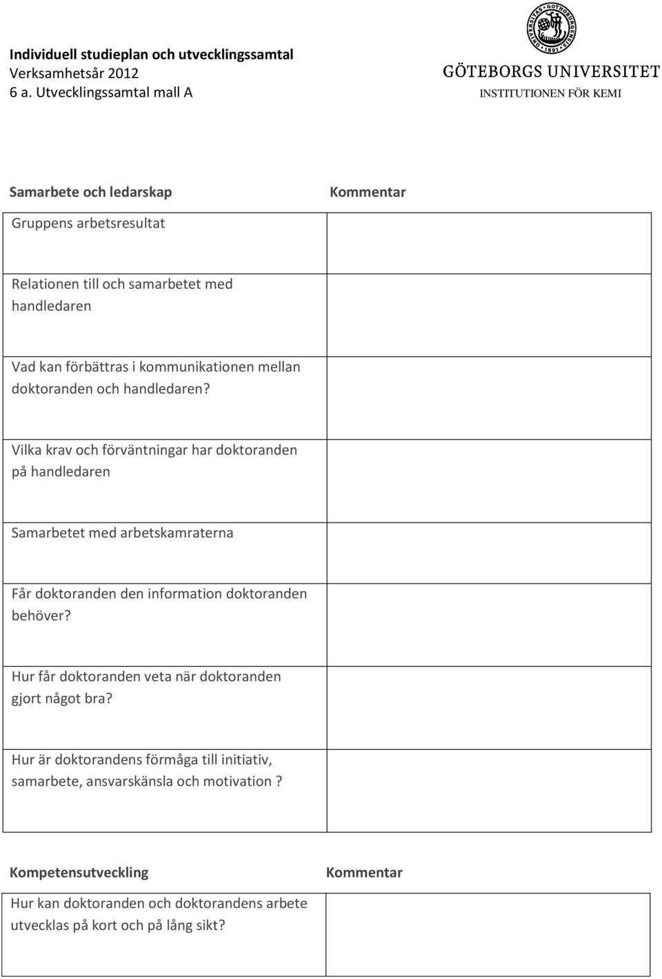 Vilka krav och förväntningar har doktoranden på handledaren Samarbetet med arbetskamraterna Får doktoranden den information doktoranden