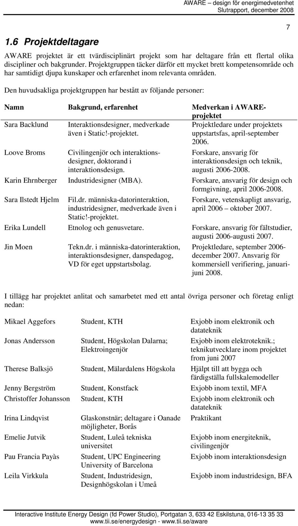 Den huvudsakliga projektgruppen har bestått av följande personer: Namn Bakgrund, erfarenhet Medverkan i AWAREprojektet Sara Backlund Interaktionsdesigner, medverkade även i Static!-projektet.