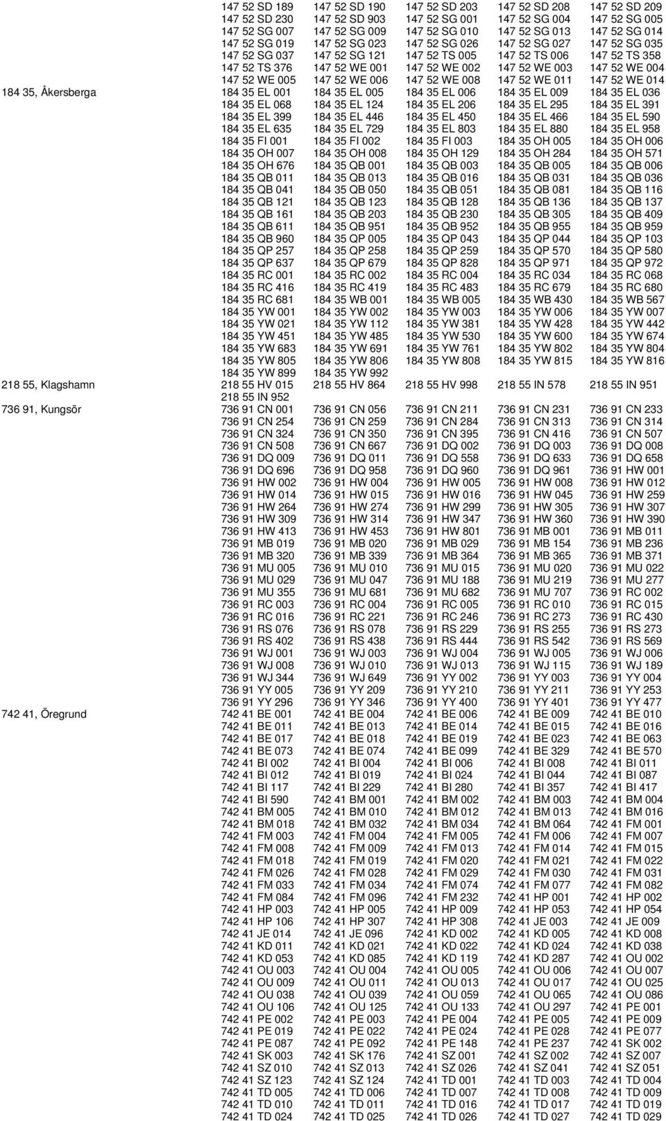 WE 003 147 52 WE 004 147 52 WE 005 147 52 WE 006 147 52 WE 008 147 52 WE 011 147 52 WE 014 184 35, Åkersberga 184 35 EL 001 184 35 EL 005 184 35 EL 006 184 35 EL 009 184 35 EL 036 184 35 EL 068 184