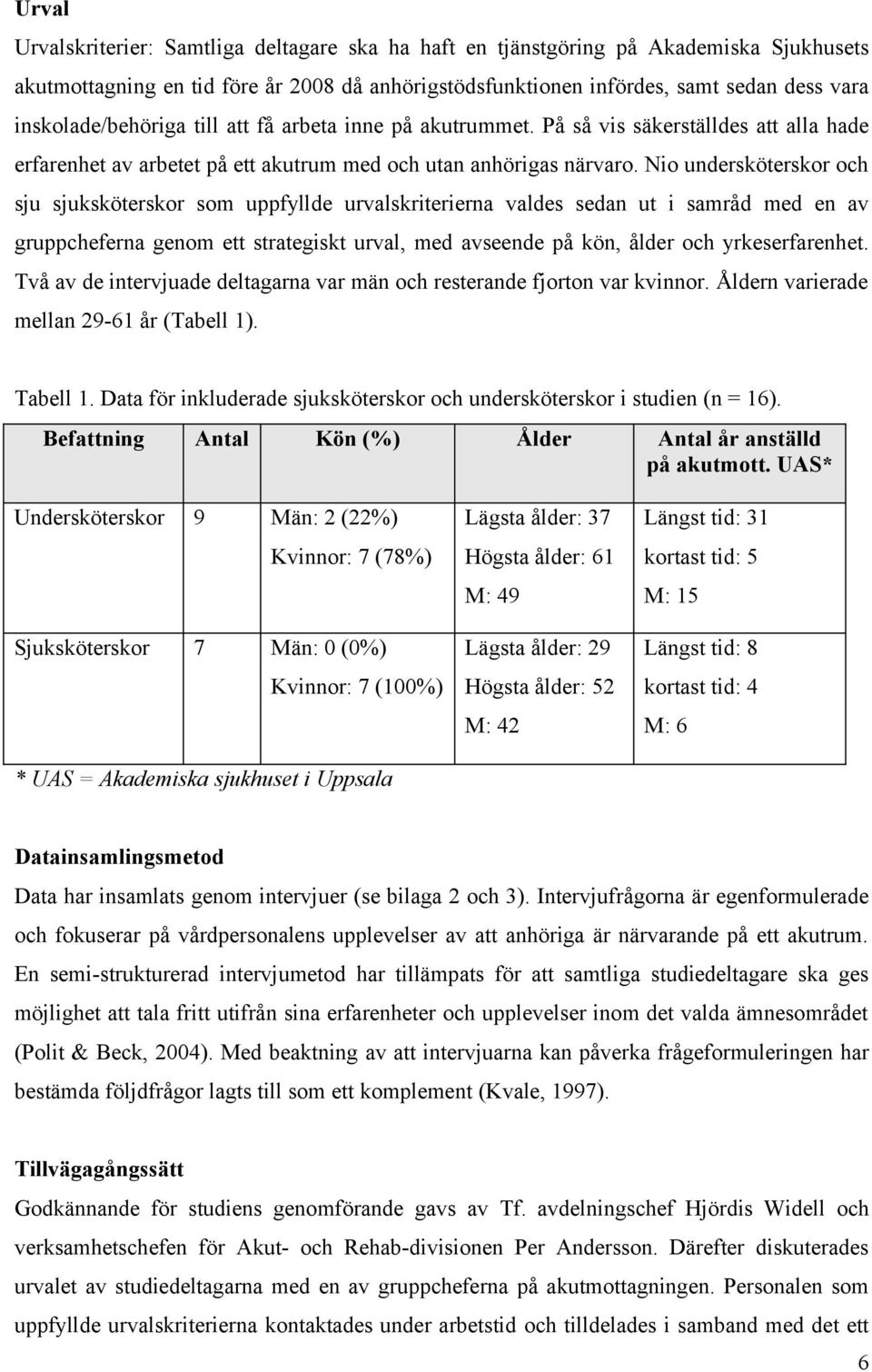 Nio undersköterskor och sju sjuksköterskor som uppfyllde urvalskriterierna valdes sedan ut i samråd med en av gruppcheferna genom ett strategiskt urval, med avseende på kön, ålder och yrkeserfarenhet.