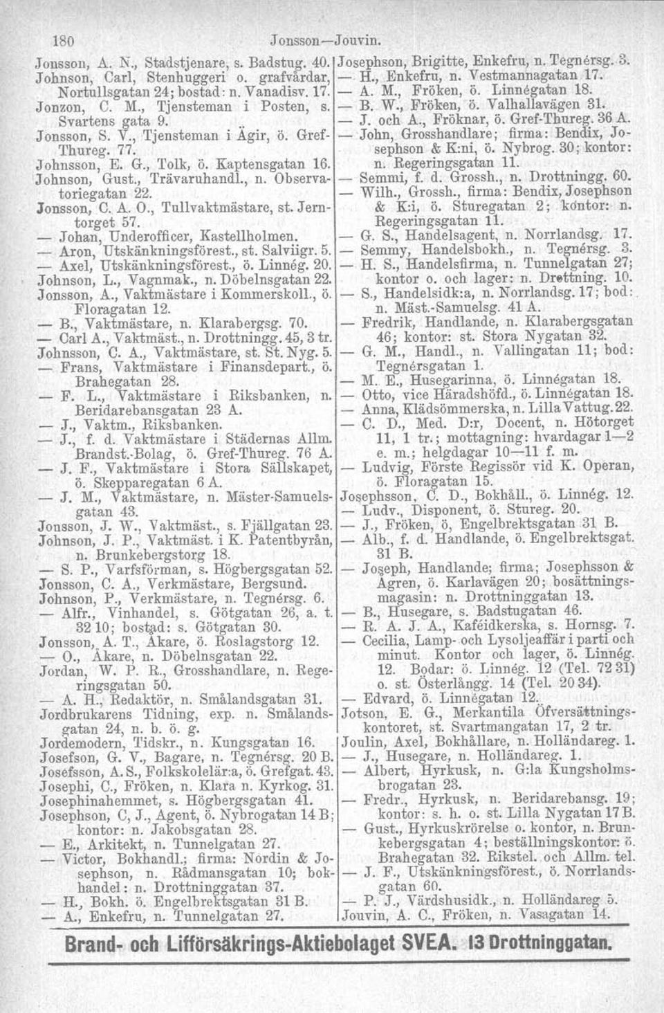 GrefThureg. 36 A. Jonsson, S. V., Tjensteman i Agir, ö. Gref John, Grosshandlare; firma: Bendix, Jo Thnreg. 77.. sephson & K:ni, Ö. Nybrog. 30; kontor: Johnsson, E. G., Tolk, ö. Kaptensgatan 16. n.