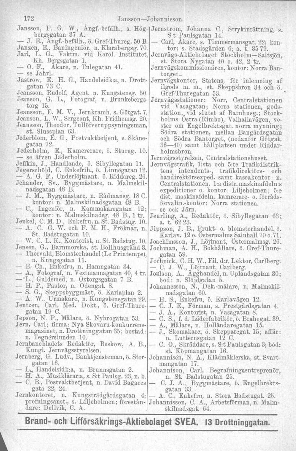 Institutet, JernvägsAktiebolaget StockholmSaltsjön, Kh. Bergsgatan 1.. st. Stora Nygatan 40 o. 42, 2 'tr. O. F., Akare, n. Tulegatan 41. Jernvägskommissionären, kontor: Norra Ban se Jahrl. torget.