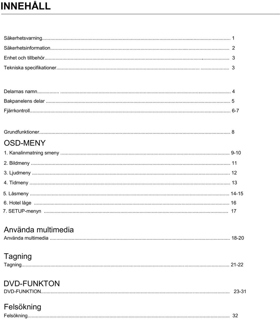 Kanalinmatning smeny... 9-10 2. Bildmeny... 11 3. Ljudmeny... 12 4. Tidmeny... 13 5. Låsmeny... 14-15 6. Hotel låge... 16 7.