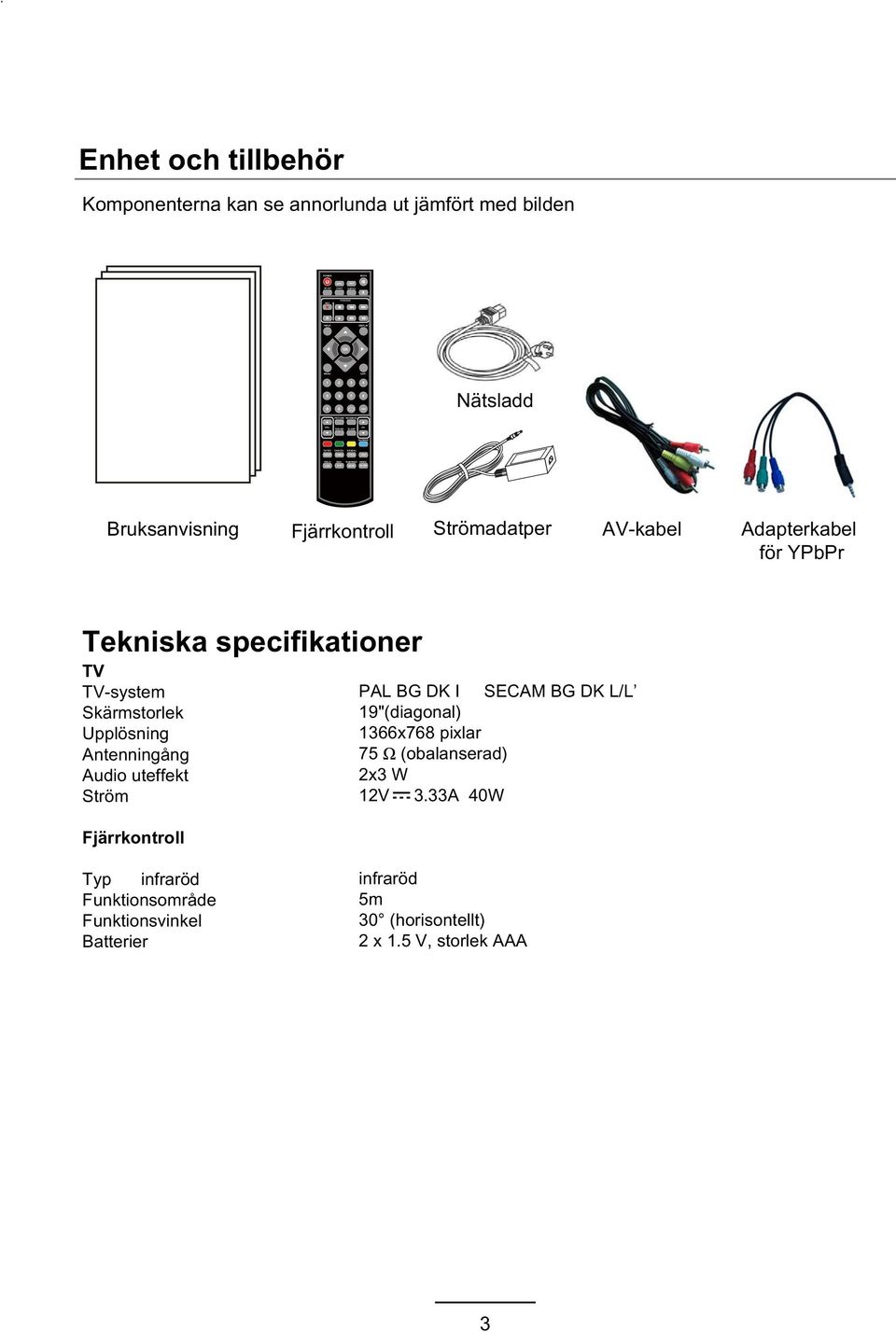 Fjärrkontroll Strömadatper AV-kabel Adapterkabel för YPbPr Tekniska specifikationer TV TV-system Skärmstorlek Upplösning Antenningång Audio uteffekt Ström Fjärrkontroll PAL BG