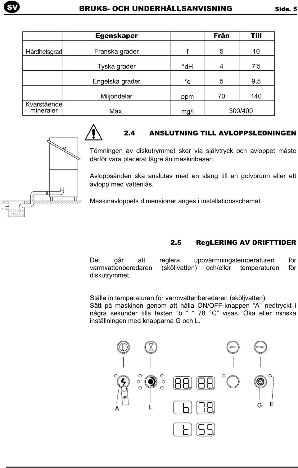 Avloppsänden ska anslutas med en slang till en golvbrunn eller ett avlopp med vattenlås. Maskinavloppets dimensioner anges i installationsschemat. 2.