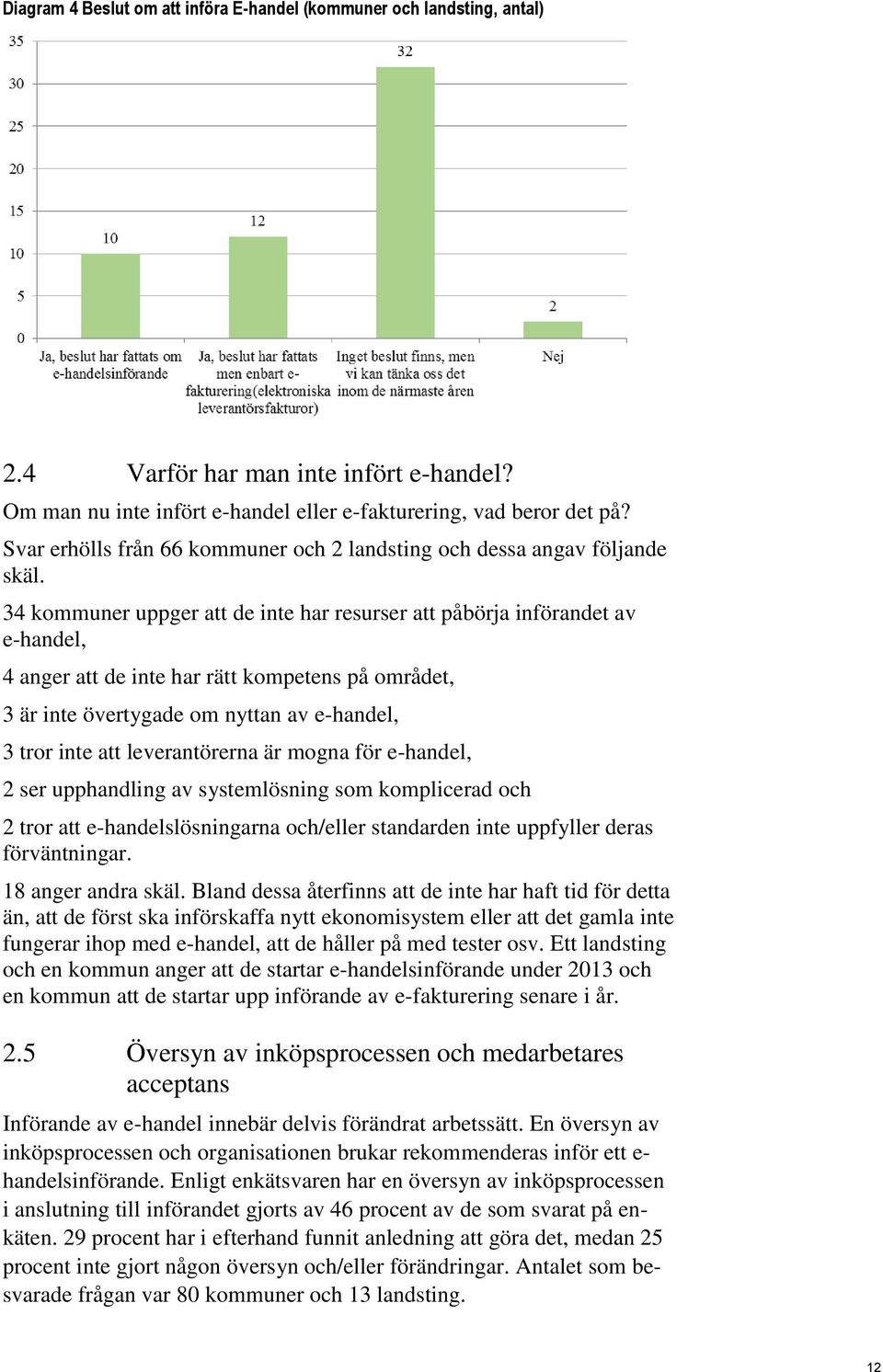 34 kommuner uppger att de inte har resurser att påbörja införandet av e-handel, 4 anger att de inte har rätt kompetens på området, 3 är inte övertygade om nyttan av e-handel, 3 tror inte att