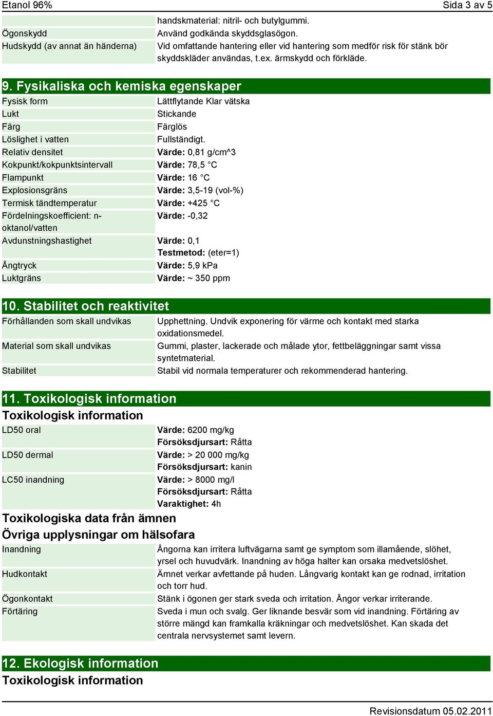 n- Värde: -0,32 oktanol/vatten Avdunstningshastighet Värde: 0,1 Testmetod: (eter=1) Ångtryck Värde: 5,9 kpa Luktgräns Värde: ~ 350 ppm 10.