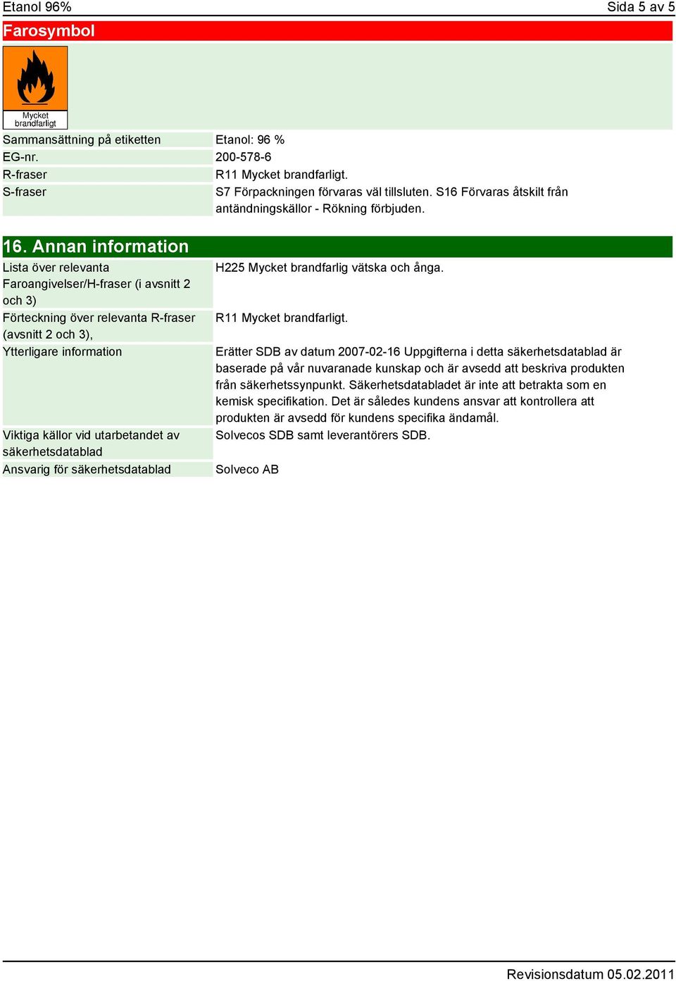 Annan information Lista över relevanta Faroangivelser/H-fraser (i avsnitt 2 och 3) Förteckning över relevanta R-fraser (avsnitt 2 och 3), Ytterligare information Viktiga källor vid utarbetandet av