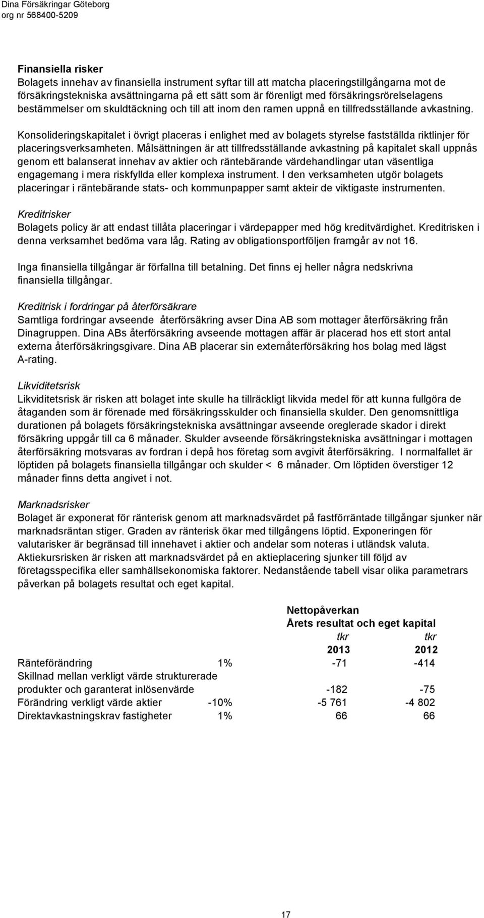 Konsolideringskapitalet i övrigt placeras i enlighet med av bolagets styrelse fastställda riktlinjer för placeringsverksamheten.