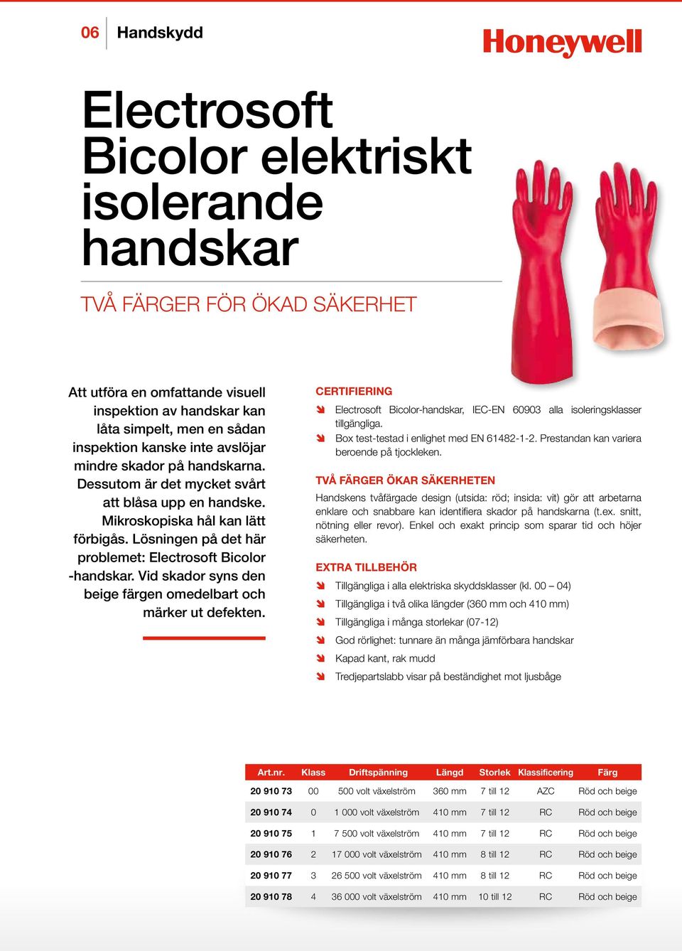 Vid skador syns den beige färgen omedelbart och märker ut defekten. CERTIFIERING Electrosoft Bicolor-handskar, IEC-EN 60903 alla isoleringsklasser tillgängliga.