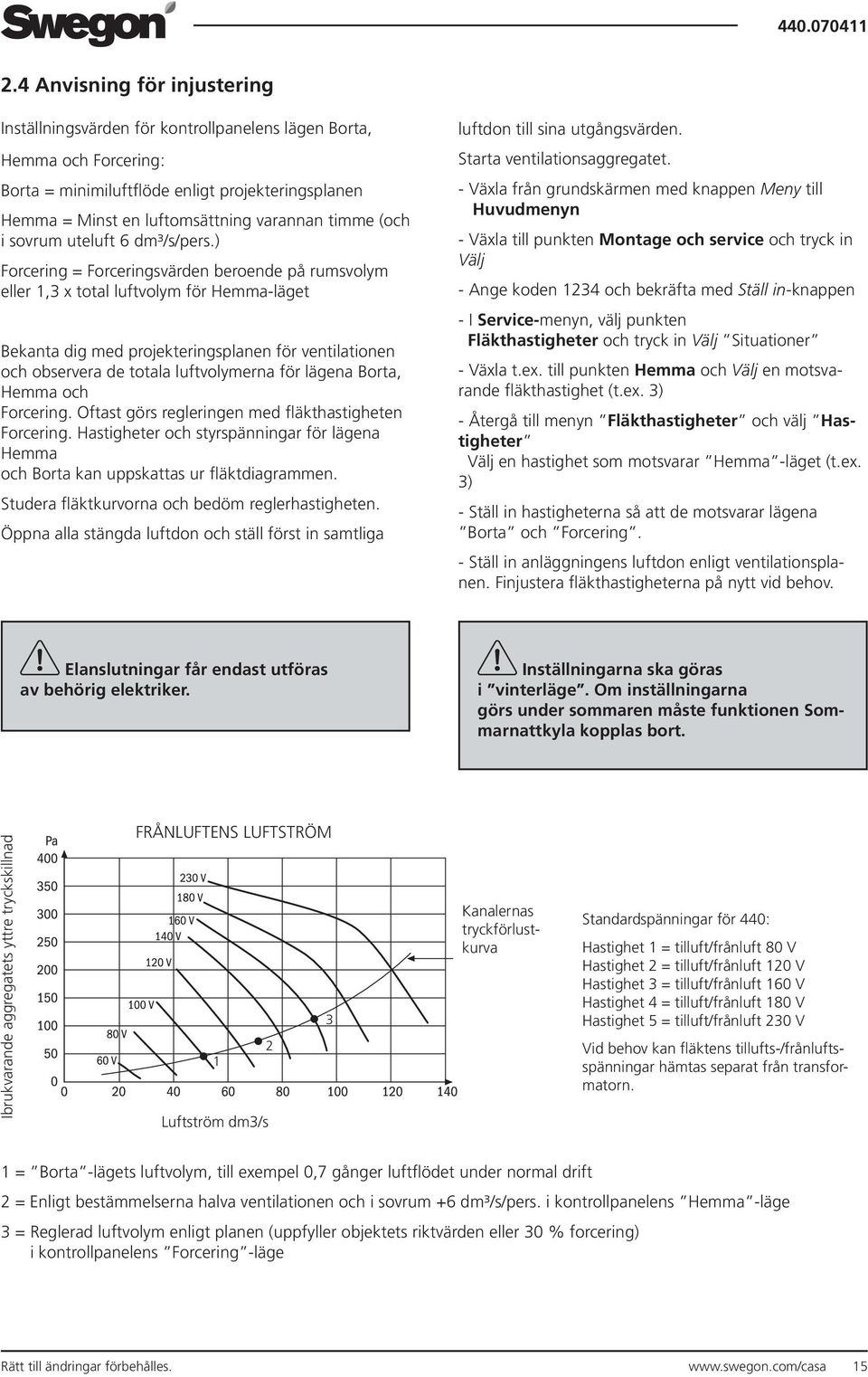 ) Forcering = Forceringsvärden beroende på rumsvolym eller 1,3 x total luftvolym för Hemma-läget Bekanta dig med projekteringsplanen för ventilationen och observera de totala luftvolymerna för lägena