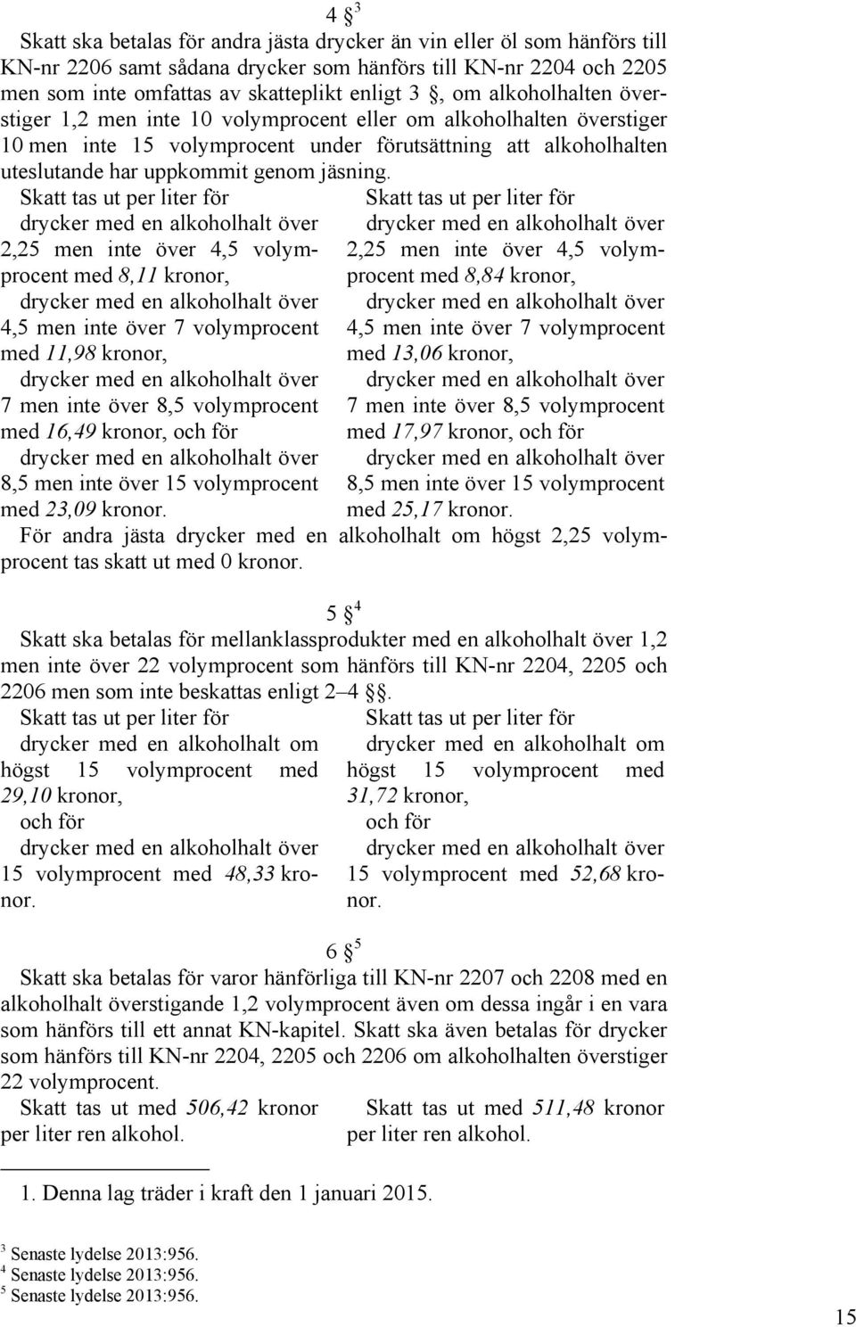 Skatt tas ut per liter för drycker med en alkoholhalt över 2,25 men inte över 4,5 volymprocent med 8,11 kronor, drycker med en alkoholhalt över 4,5 men inte över 7 volymprocent med 11,98 kronor,