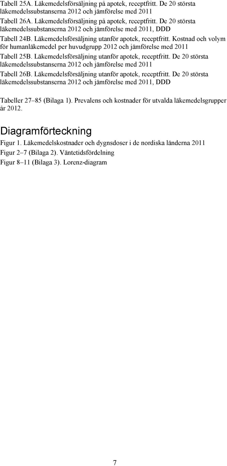 De 20 största läkemedelssubstanserna 2012 och jämförelse med 2011 Tabell 26B. Läkemedelsförsäljning utanför apotek, fritt.