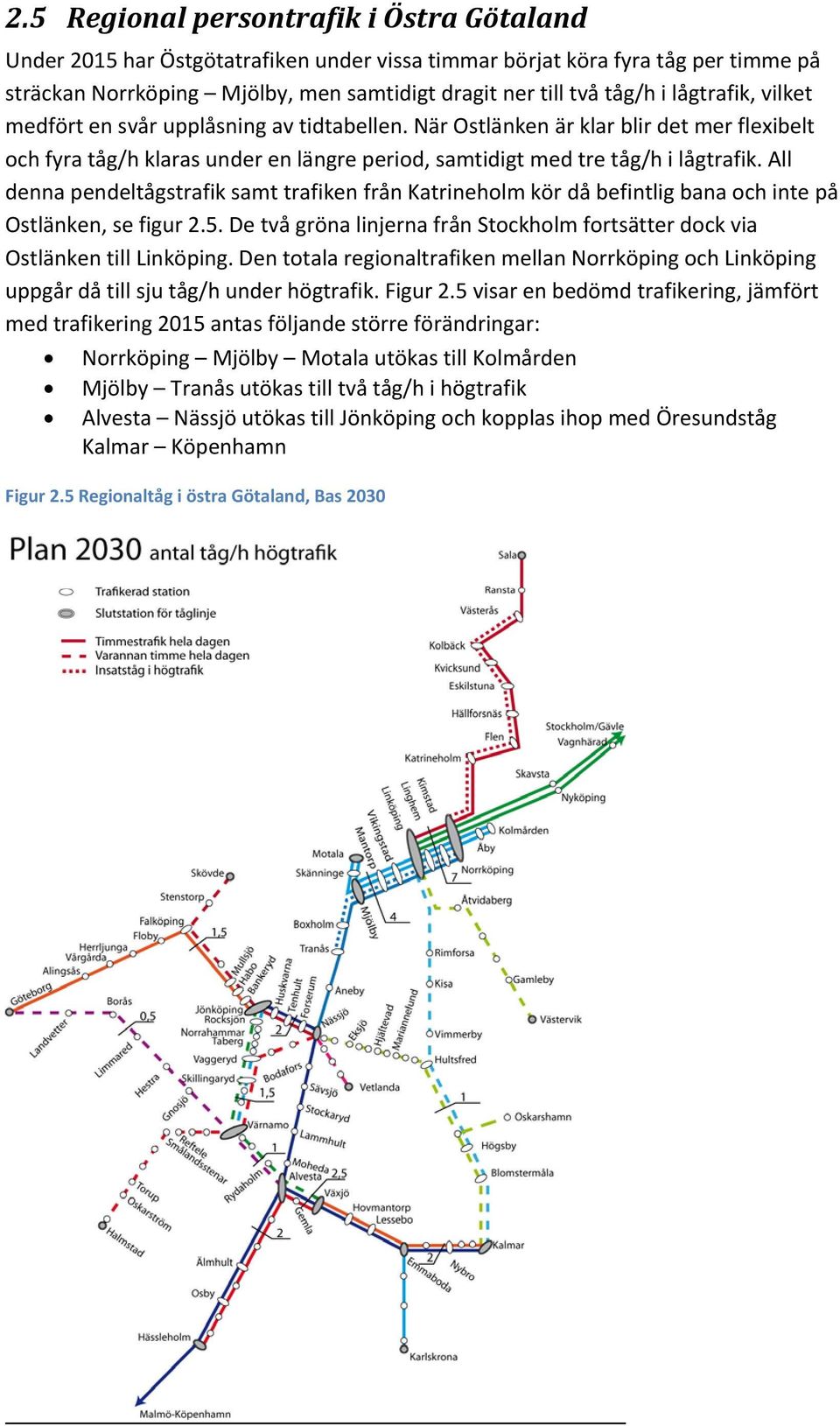 All denna pendeltågstrafik samt trafiken från Katrineholm kör då befintlig bana och inte på Ostlänken, se figur 2.5. De två gröna linjerna från Stockholm fortsätter dock via Ostlänken till Linköping.