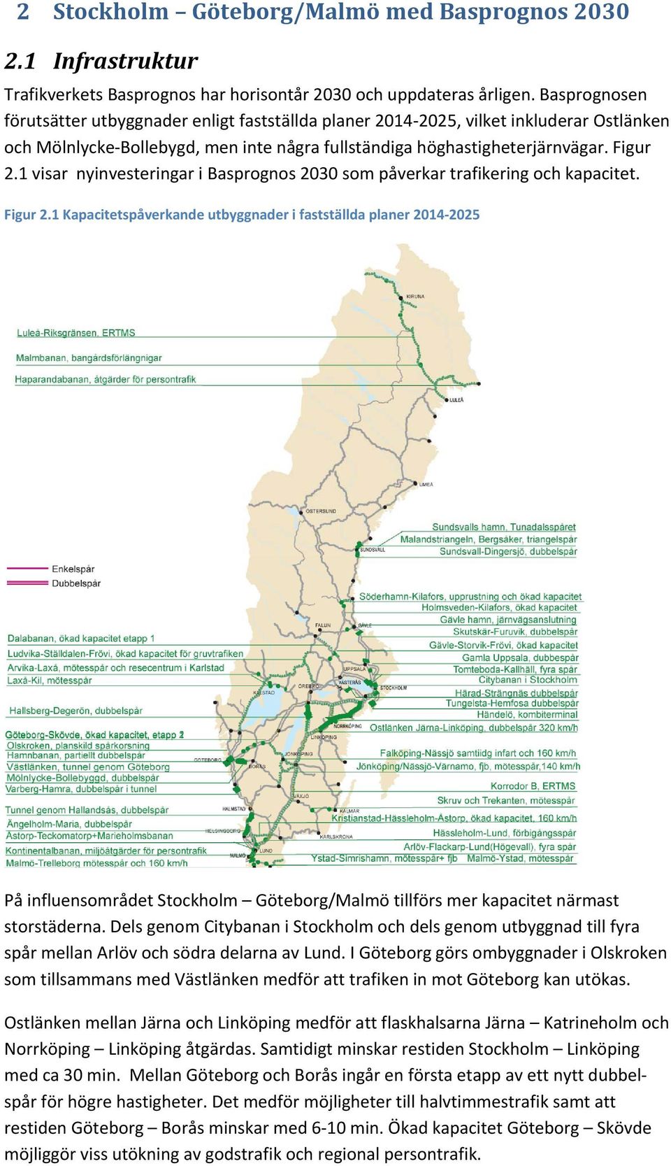 1 visar nyinvesteringar i Basprognos 2030 som påverkar trafikering och kapacitet. Figur 2.