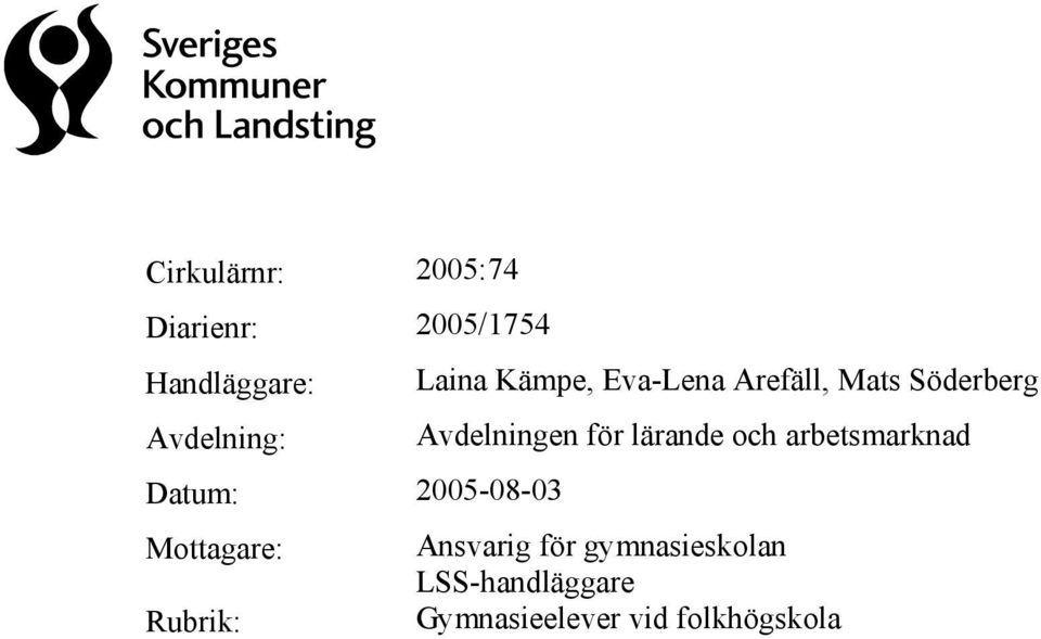 lärande och arbetsmarknad Datum: 2005-08-03 Mottagare: Ansvarig