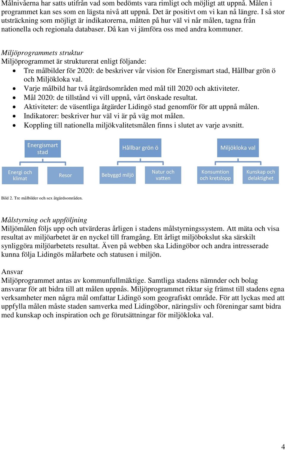 Miljöprogrammets struktur Miljöprogrammet är strukturerat enligt följande: Tre målbilder för 2020: de beskriver vår vision för Energismart stad, Hållbar grön ö och Miljökloka val.