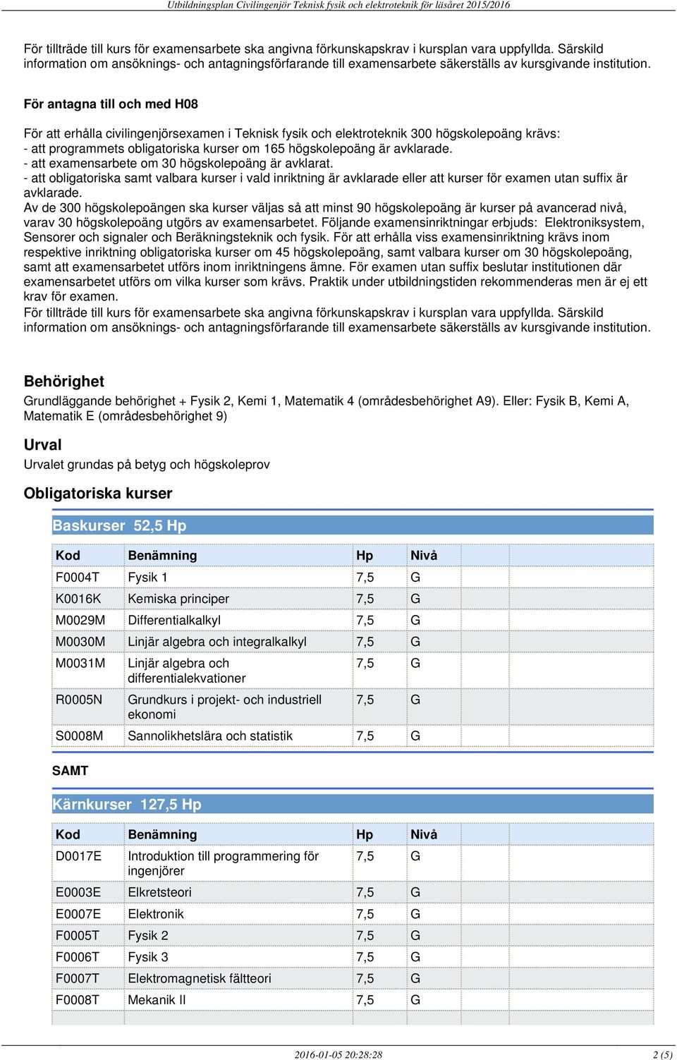 För antagna till och med H08 - att programmets obligatoriska kurser om 165 högskolepoäng är avklarade.