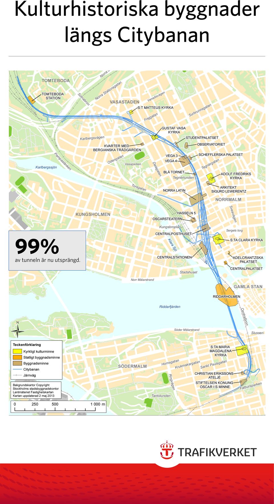 OBSERVATORIET SCHEFFLERSKA PALATSET Tegnérgatan ADOLF FREDRIKS Torsgatan NORRA LATIN ARKITEKT SIGURD LEWERENTZ NORRMALM Sveavägen 99% av tunneln är nu utsprängd.