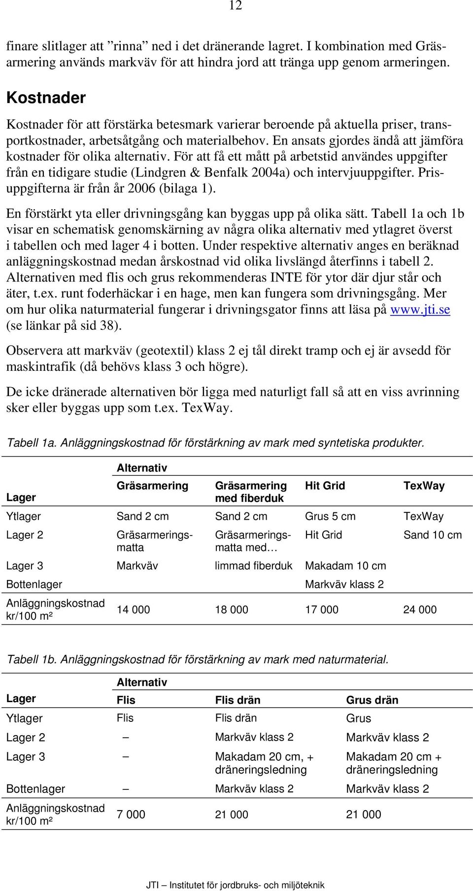 En ansats gjordes ändå att jämföra kostnader för olika alternativ. För att få ett mått på arbetstid användes uppgifter från en tidigare studie (Lindgren & Benfalk 2004a) och intervjuuppgifter.